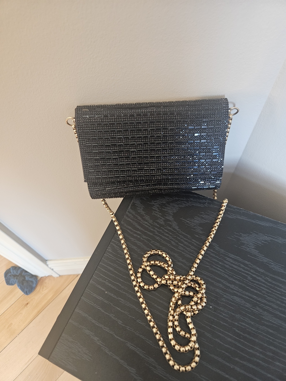 ALDO Black Sequin Crossbody with Gold Chain Strap